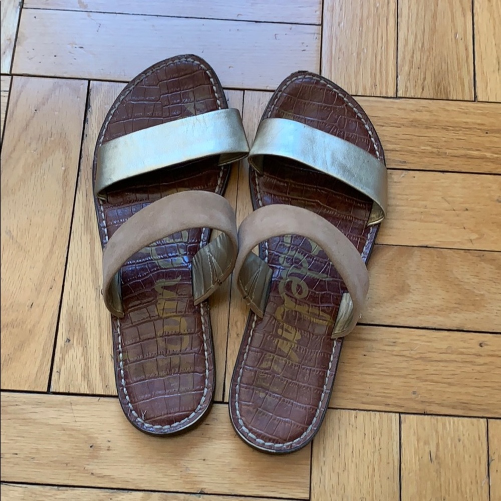 Women’s Metallic Gold and Tan Slide Sandals